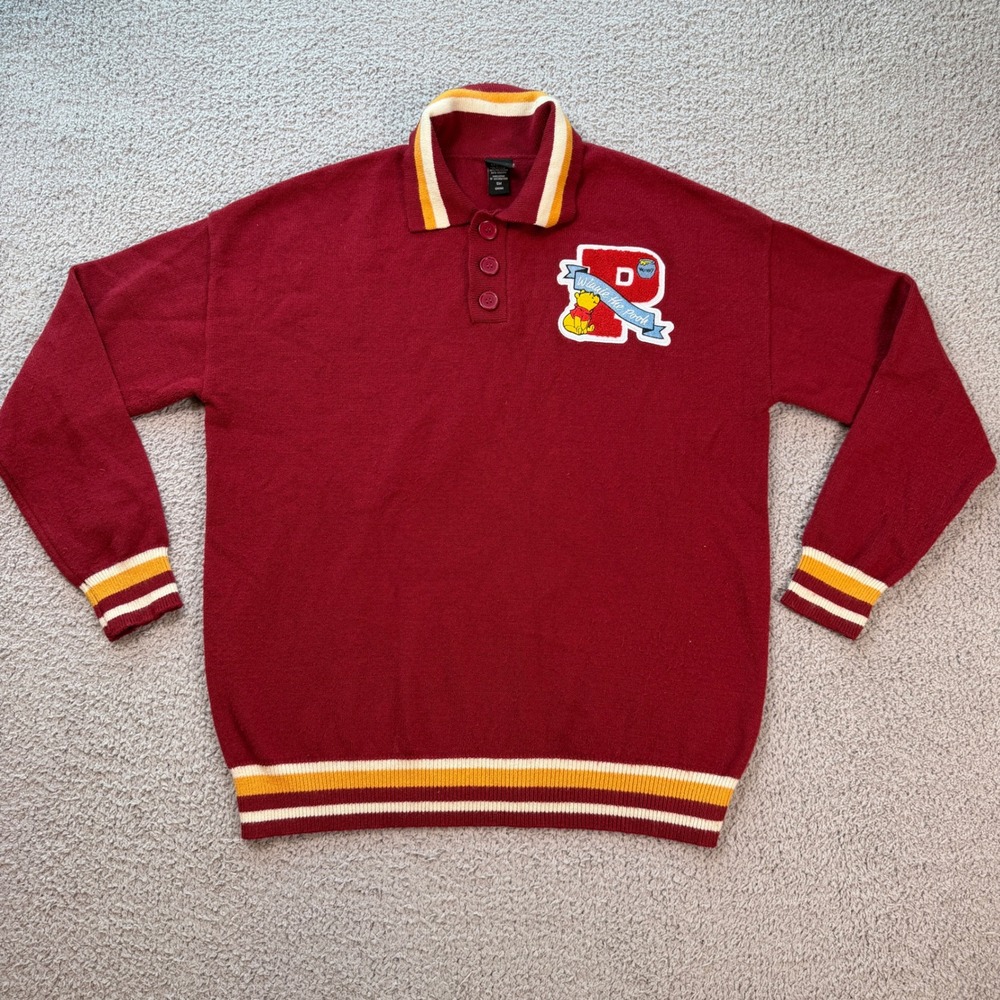 Disney Winnie The Pooh Varsity Knit Sweater Red Collegiate Patch Pullover Small